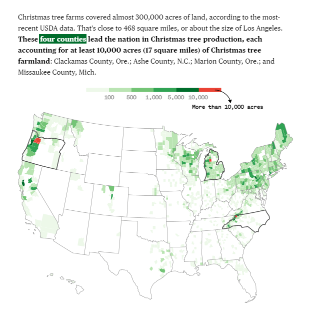 A choropleth showing the distribution of Christmas tree farms across the US